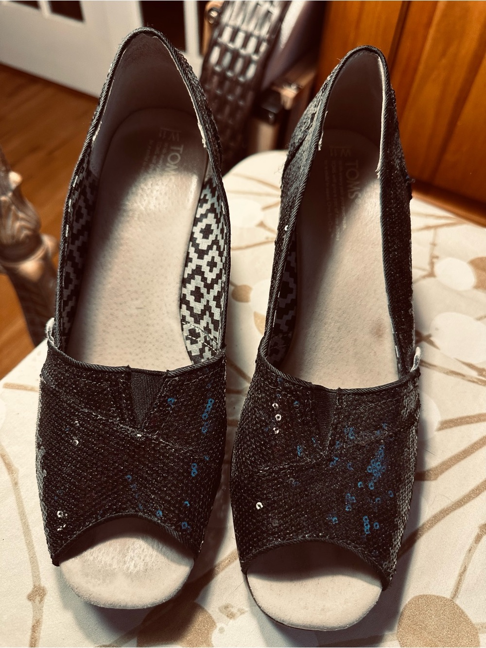 TOMS Black Sequin Wedge Peep-Toe Heels, Size 11 Wide, EUC, Wedge heel is 3.75”.